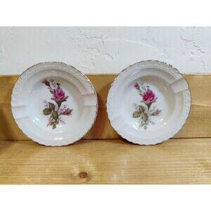 Vtg Lot Of 2 Pink Rose Ashtray Dish Trinket with Gold Trim Scalloped Edge Japan